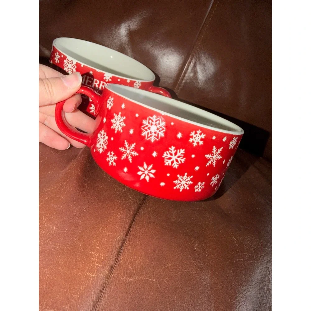 Merry Christmas Red Snowflake Ceramic‎ Soup Mugs Set of 2 18.7oz Bowls